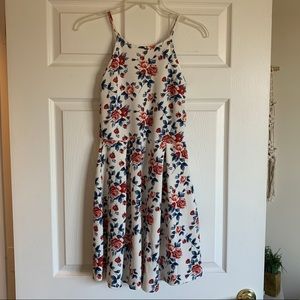 love J white mini dress with blue, red, and pink flowers